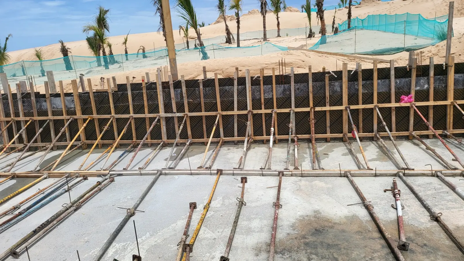Alignement de banches et d'étais sur un radier béton, dunes et palmiers en fond