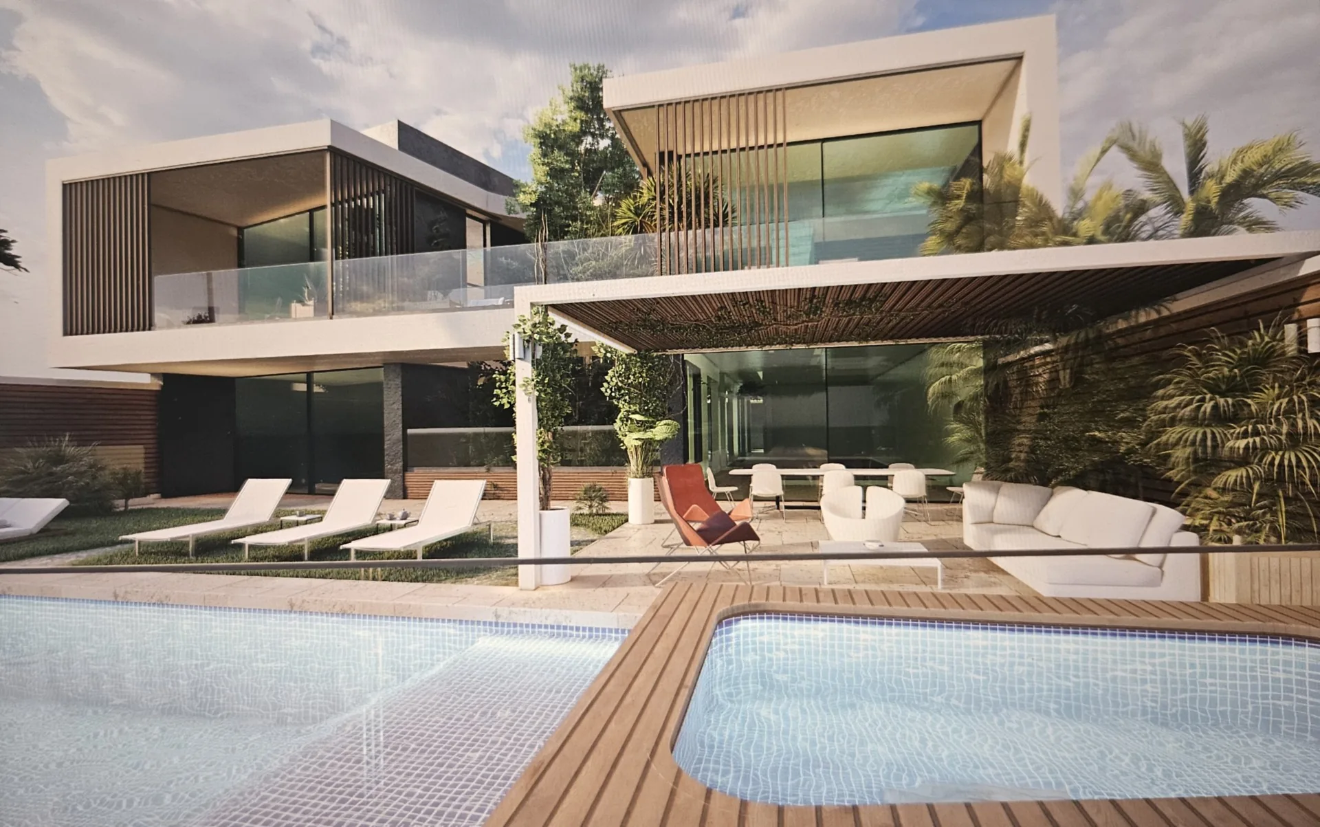 3D visual of Villa Varagne: covered terrace, glazed façades and open-air pools