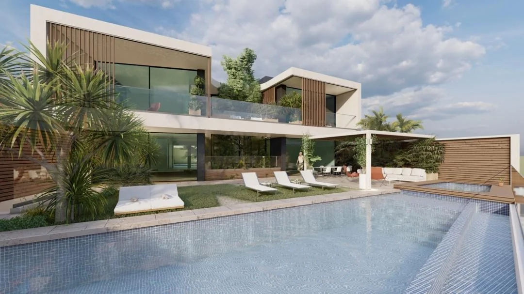 3D visual of Villa Varagne: pool, terrace and timber façade seen from the garden