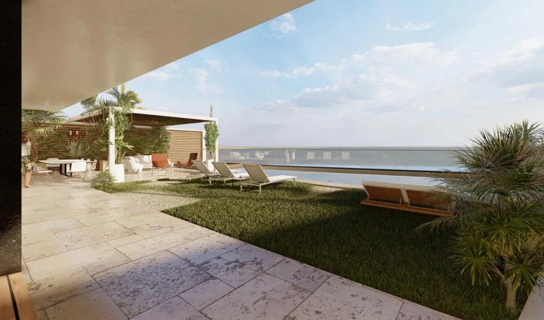 3D visual of Villa Varagne: lawn terrace and pool facing the sea