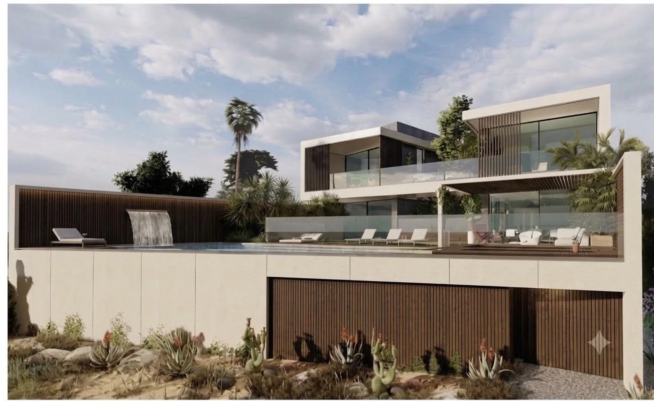 3D visual of Villa Varagne: façade above a succulent garden under a cloudy sky